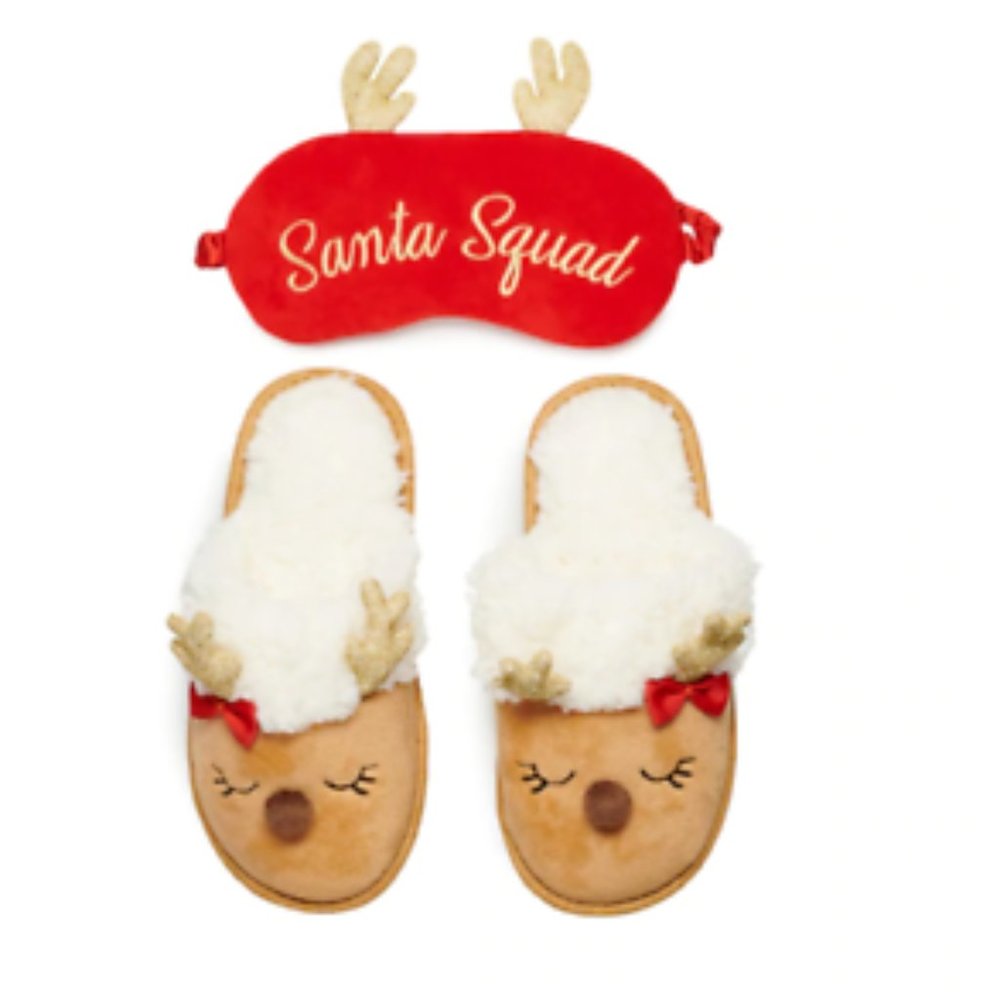 "Santa Squad" Reindeer Christmas Toddler Slippers (Size 10/11) & Eye Mask Set